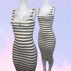 Vintage 90s y2k IN CHARGE Striped Knit Tank Midi Dress - White & Taupe
